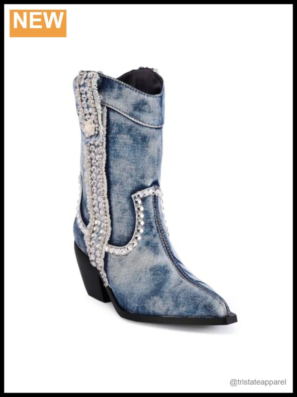 Rhinestone Embellished Denim Mid-Calf Pull-On Cowboy Boots with Chunky Block